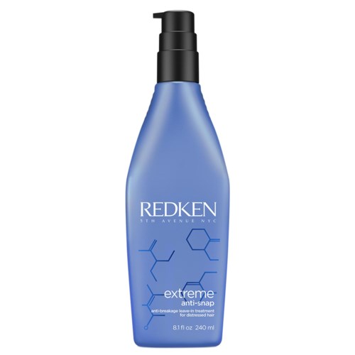 Blue bottle of Redken hair product labeled 'Extreme Anti-Snap,' with a pump top, 8.1 fl oz capacity.