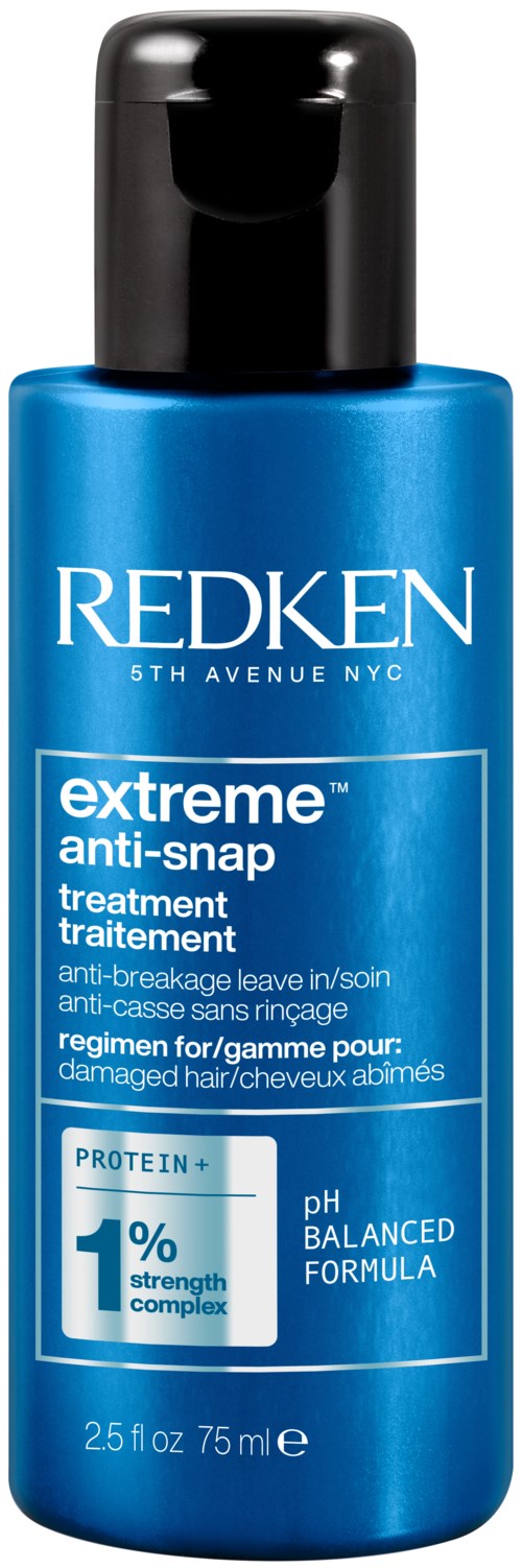 Blå flaske med Redken anti-snap hårbehandling, svart lokk og hvit tekst, fremhever proteinstyrke og pH-balanse.