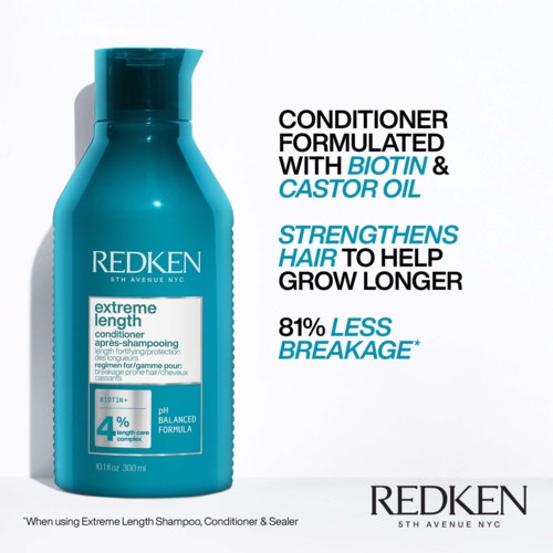 Redken-schampo flaska med text om att stärka hår och minska breakage, innehållande biotin och castor olja.
