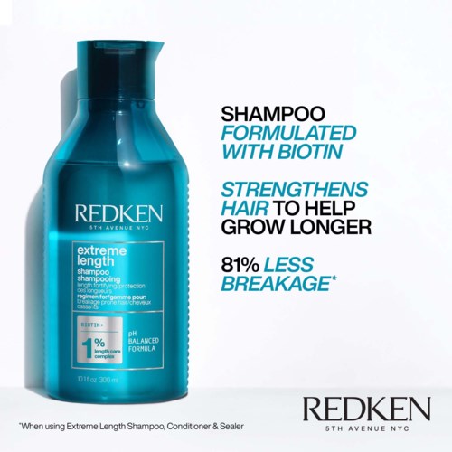 Redken schampoflaska med blå etikett som främjar hårväxt och mindre håravfall.