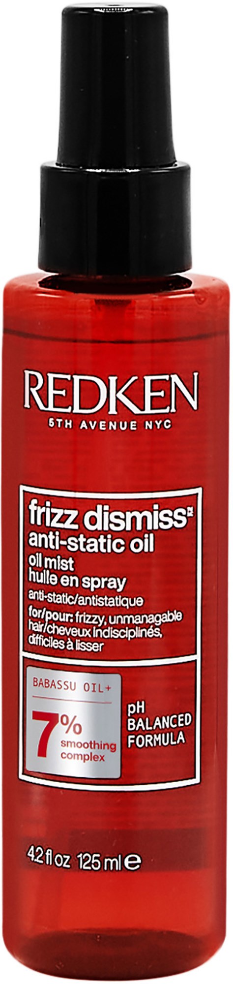 Red bottle with black spray cap, labeled 'Redken frizz dismiss anti-static oil' for hair protection and smoothing.