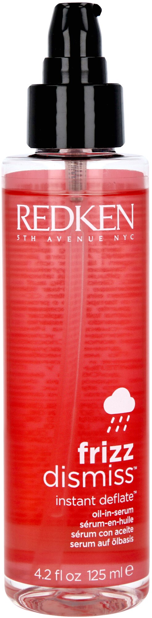 A pink bottle with a black pump labeled 'Redken' and 'Frizz Dismiss' for hair care.