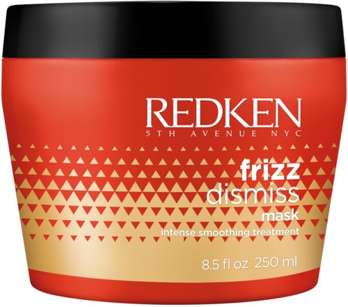 Red container with black lid, contains Redken Frizz Dismiss mask for smoothing hair, 8.5 oz.