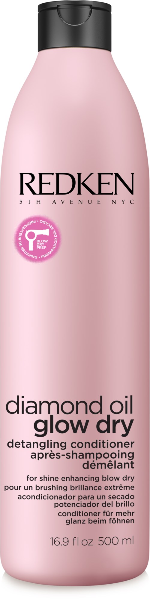 En rosa flaska med Redken Diamond Oil Glow Dry balsam för glansigt och snabbtorkande hår. Den har svart lock.