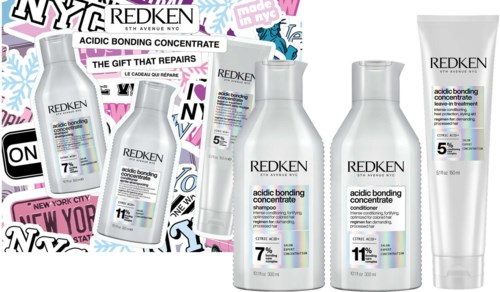 Fire flasker med Redken acid bonding concentrate for hårbehandling, med fargerik bakgrunn og tekst.
