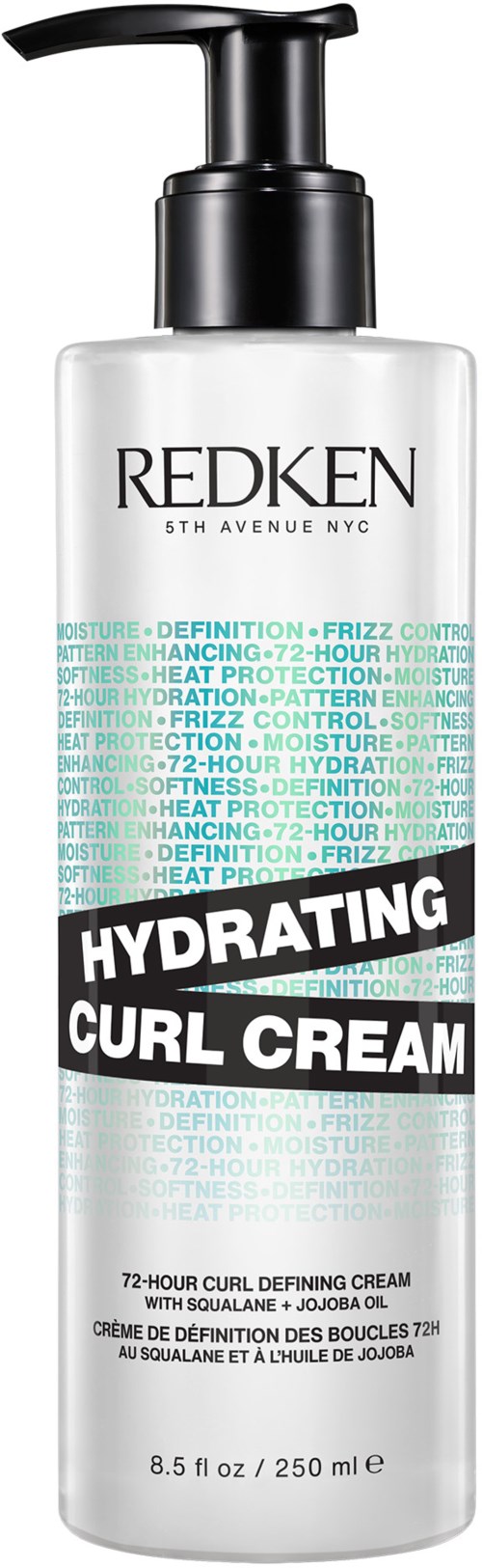 Valkoinen pullo, jossa musta annostelija, labeled 'Redken Hydrating Curl Cream' hiusten kosteutukseen ja kiharoiden muotoiluun.