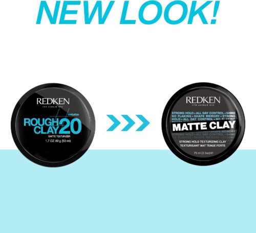 Två hårvårdsprodukter märkta 'Rough 2 Clay 20' och 'Matte Clay' av Redken, med en pil mellan dem.