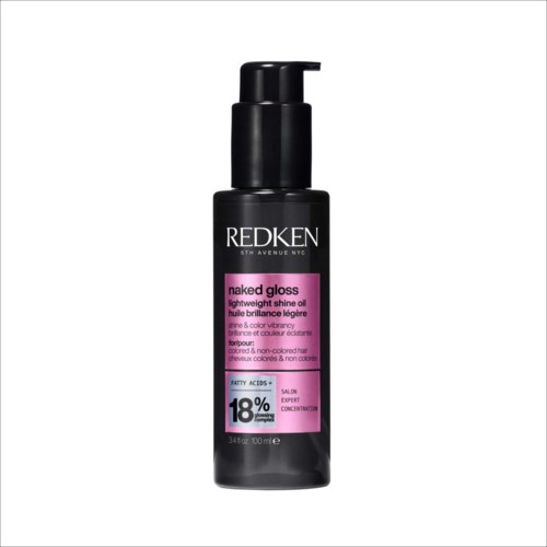 A black bottle with a pump shows Redken Naked Gloss lightweight shine oil for hair. It highlights 18% shine improvement.