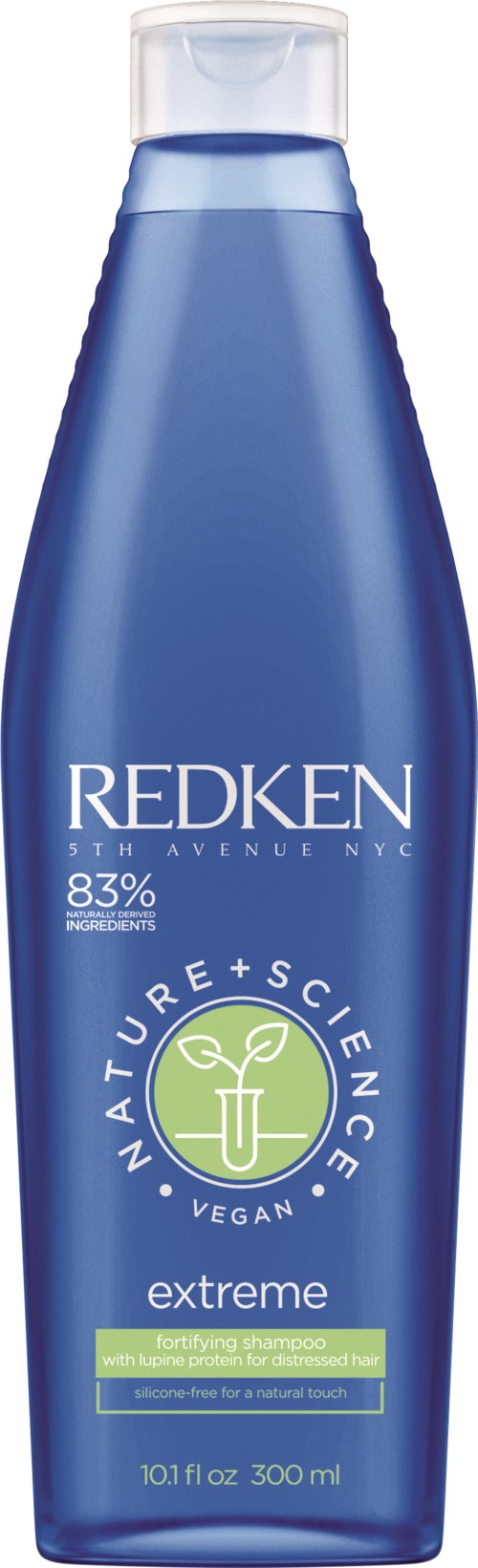 En blå flaska med Redken-schampo märkt 'Extreme' för skadat hår, veganskt, med naturligt vetenskapselement, 10,1 oz behållare.