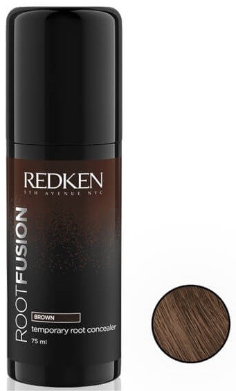 En svart och brun flaska märkt 'Redken Root Fusion' för tillfällig rotförsköning, med ett brunt färgprov.