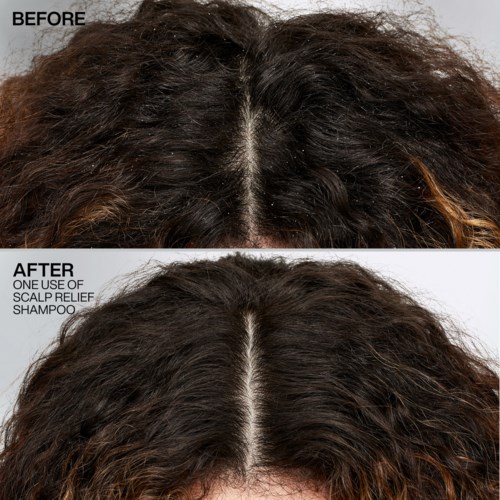 Before and after hair shows improved hair health and curl definition after using scalp relief shampoo.
