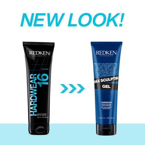 Twee haargeel-tubes tonen een verandering, met de tekst 'NEW LOOK!' erboven, wat wijst op een nieuwe verpakking of productupdate.