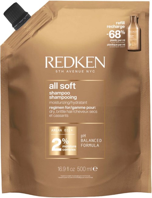 Ruskea täyttöpussi Redken All Soft -shampoolle, kosteuden mioittava ja pH-tasapainoinen, 16,9 fl oz.