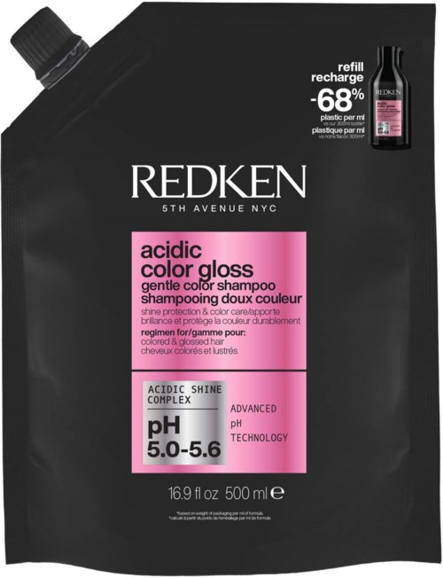 Black refill pouch with pink label, promoting Redken acid-based hair color gloss shampoo and pH balance.