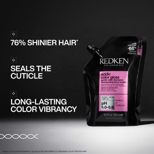 Redken hair dye package with pink label, promoting shiny hair, color lasting, and sealing cuticles.