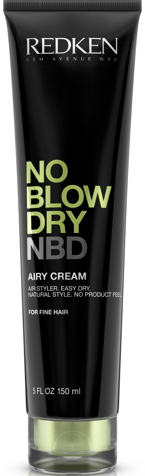 En svart tub av Redken No Blow Dry NBD Airy Cream, 150 ml, för fint hår, med gröna och grå text.