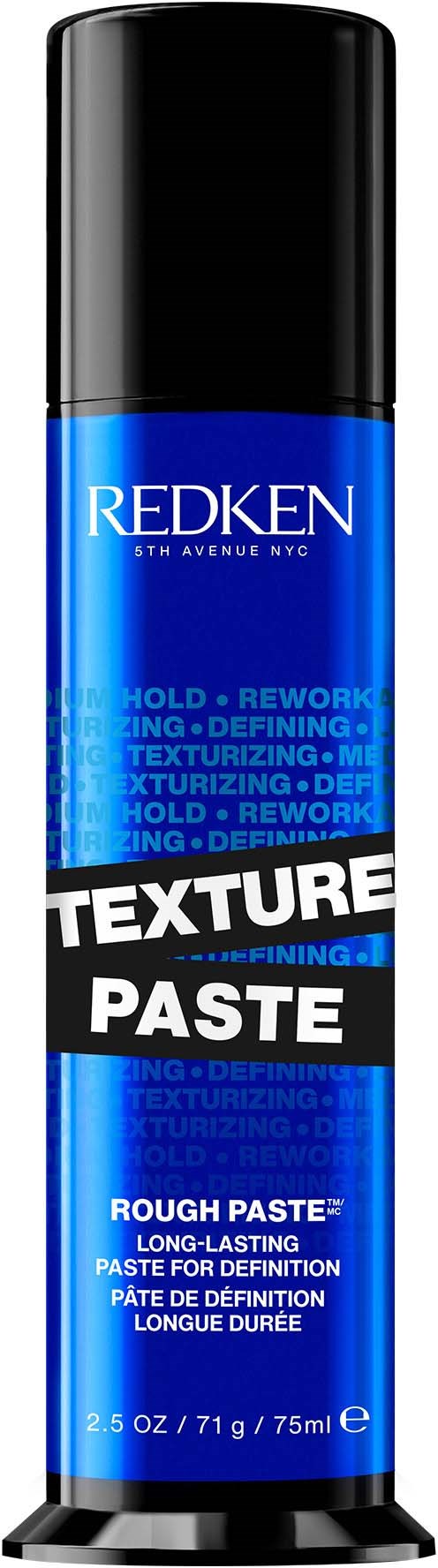En blå tube med Redken tekstur-pasta med sort hætte, mærket til hårstyling, 75 ml.