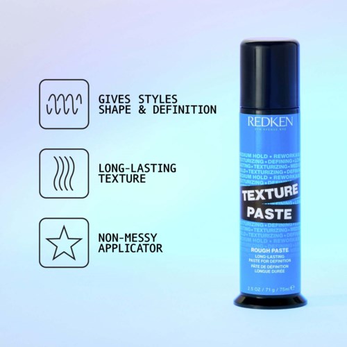 Redken teksturpaste med ikoner og tekst, der forklarer stil, holdbar tekstur og nem applikation.