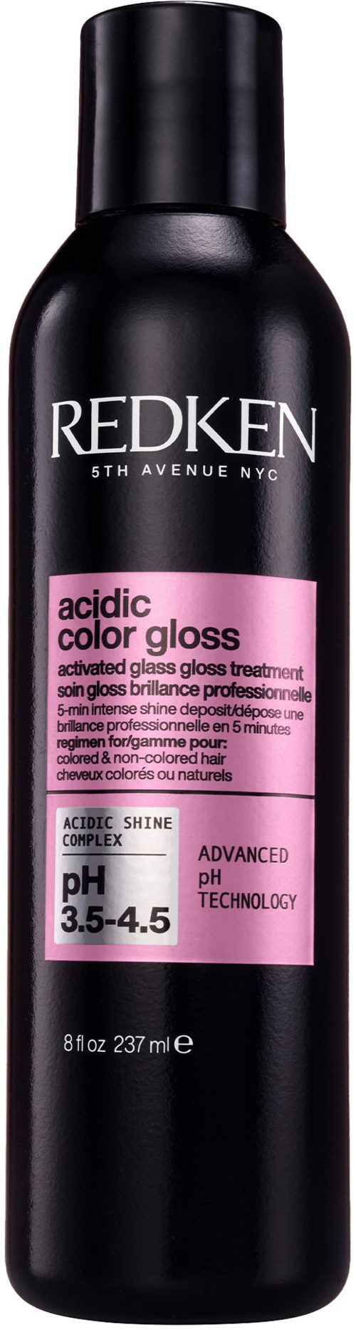 A black can with pink and white label, called Redken Acidic Color Gloss, for hair shine and color protection.