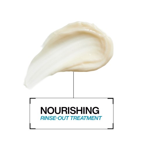 This image shows a nourishing rinse-out treatment with creamy, smooth texture above a label. The label has the word "NOURISHING."