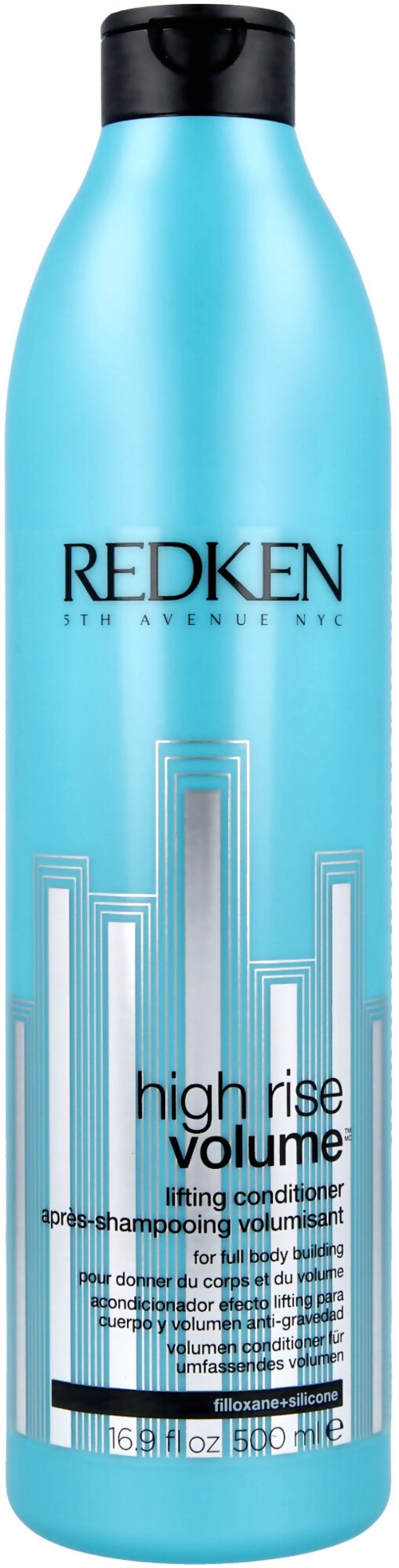 En lång, blå flaska med Redken High Rise Volume hårbalsam, svart lock och vitt diagram.