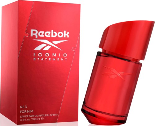 Röd Reebok parfymflaska och förpackning för män, med en modern design och logga.