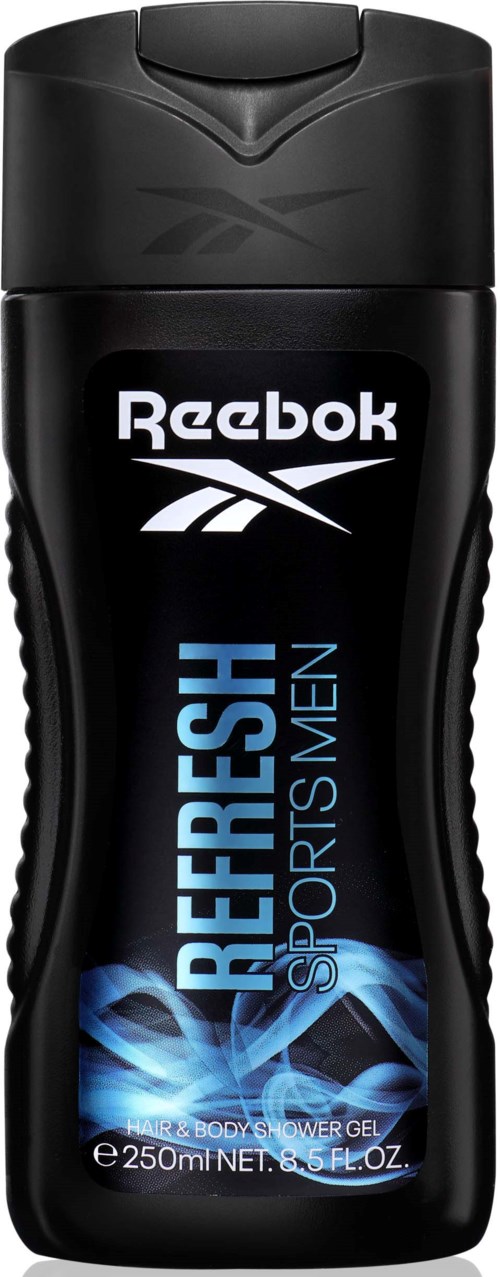 Svart Reebok duschgelflaska med blå och vit etikett, nämner Reebok, uppfriskande doft, 250 ml storlek för män.