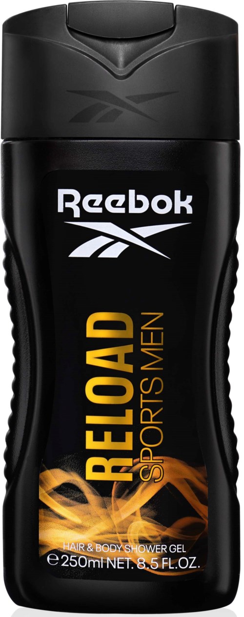 En svart flaske av Reebok Reeload Sportsmen dusjgeles med oransje flammegrafikk og hvit og gul tekst.