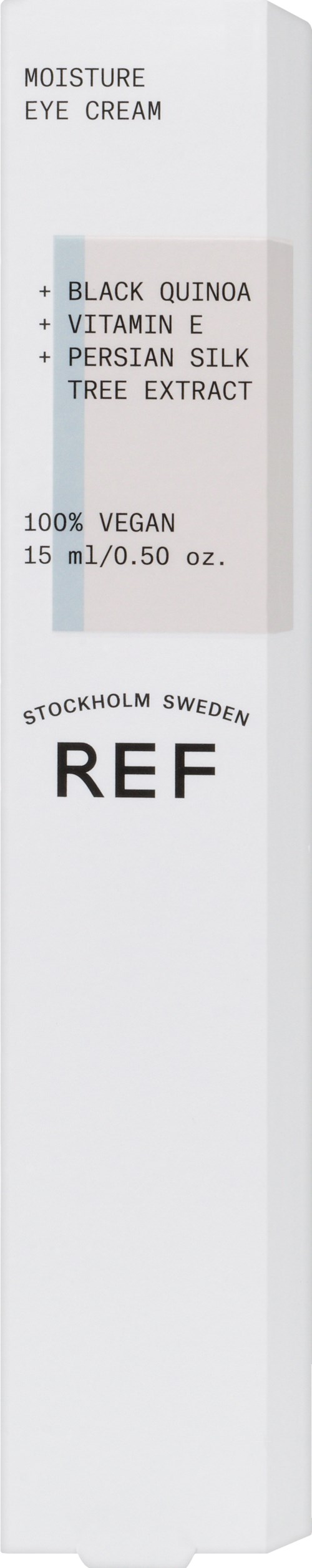 Vertikal förpackning med text om en vegansk ögonkräm med naturliga ingredienser från Sverige.