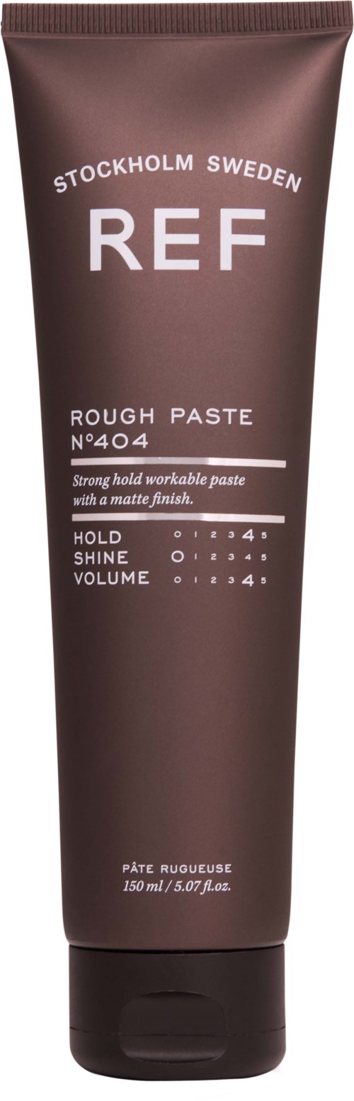 A brown tube labeled 'Stockholm Sweden REF Rough Paste No 404' with instructions for styling hair.