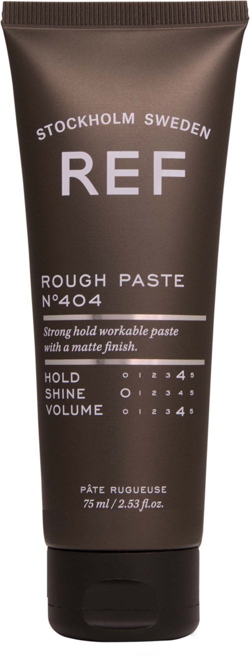 A dark brown tube of hair styling paste with white text and control options for hold, shine, and volume.