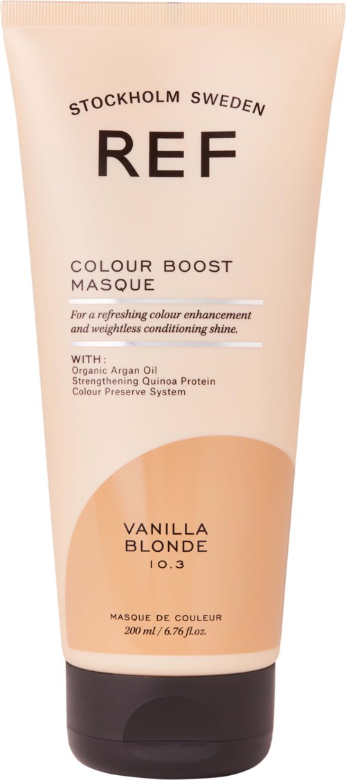 En beige tub med svart lock visar hudvårdsprodukt, "REF Colour Boost Masque," med vaniljblond doft, 200 ml.