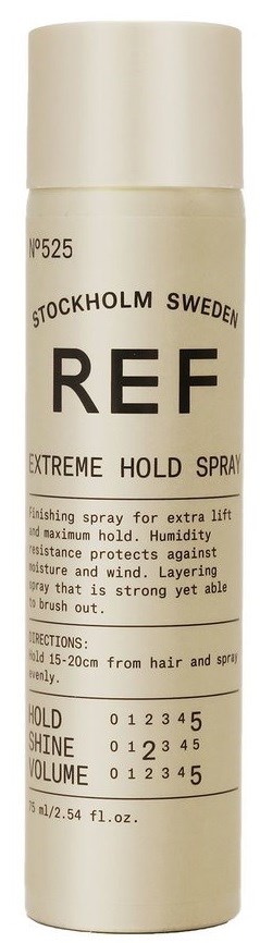 En vit burk märkt 'REF Extreme Hold Spray' från Stockholm, Sverige för starkt hårstöd och glans.