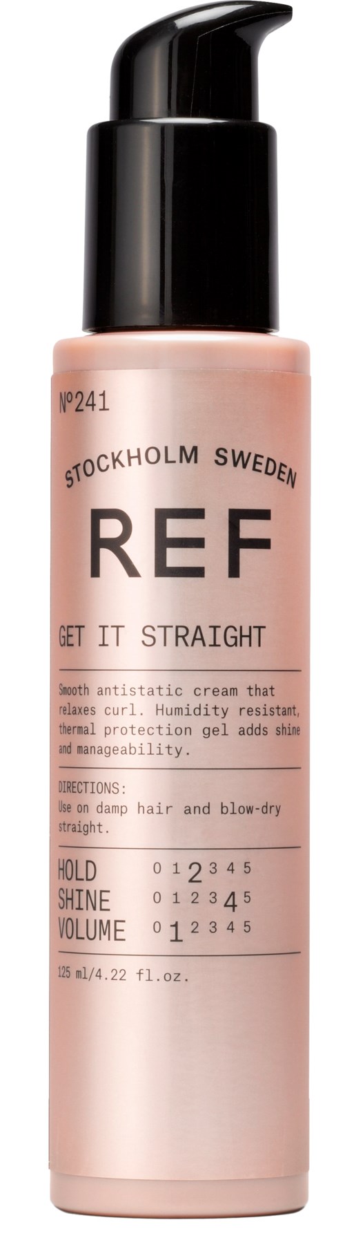 En rosa flaska med svart pump, märkt 'REF,' som innehåller en hårvårdsprodukt från Stockholm, Sverige.