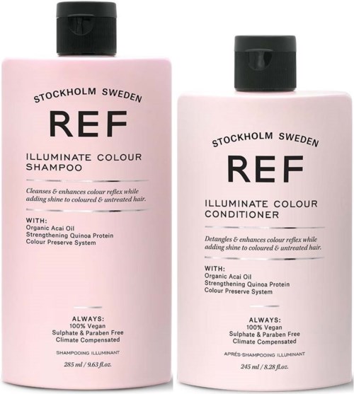 Två rosa flaskor med schampo och balsam märkta 'REF' från Stockholm, Sverige, med svarta lock och produktdetaljer.