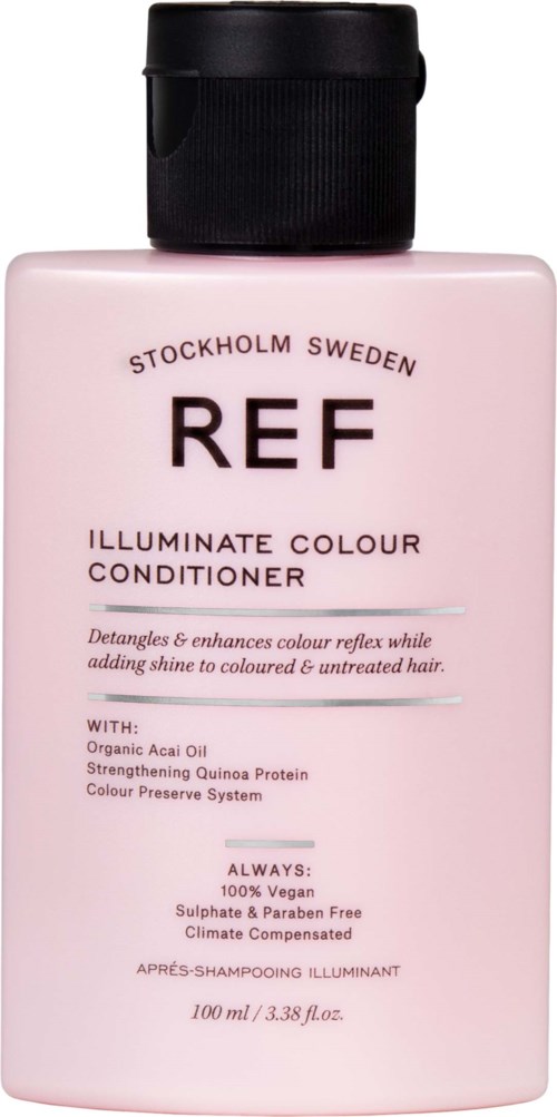 Rosa flaske med hårbalsam med svart lokk, merket REF, fra Stockholm Sverige.