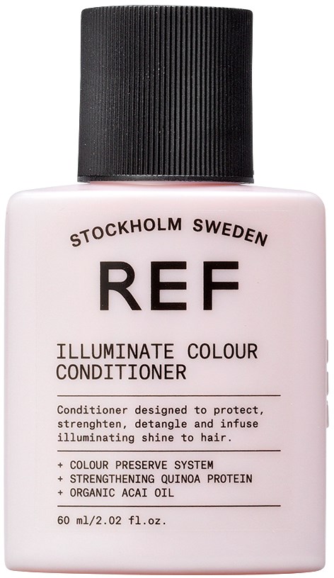 En rosa flaska med hårbalsam märkt 'REF' från Stockholm, Sverige, skapad för att skydda och stärka håret.