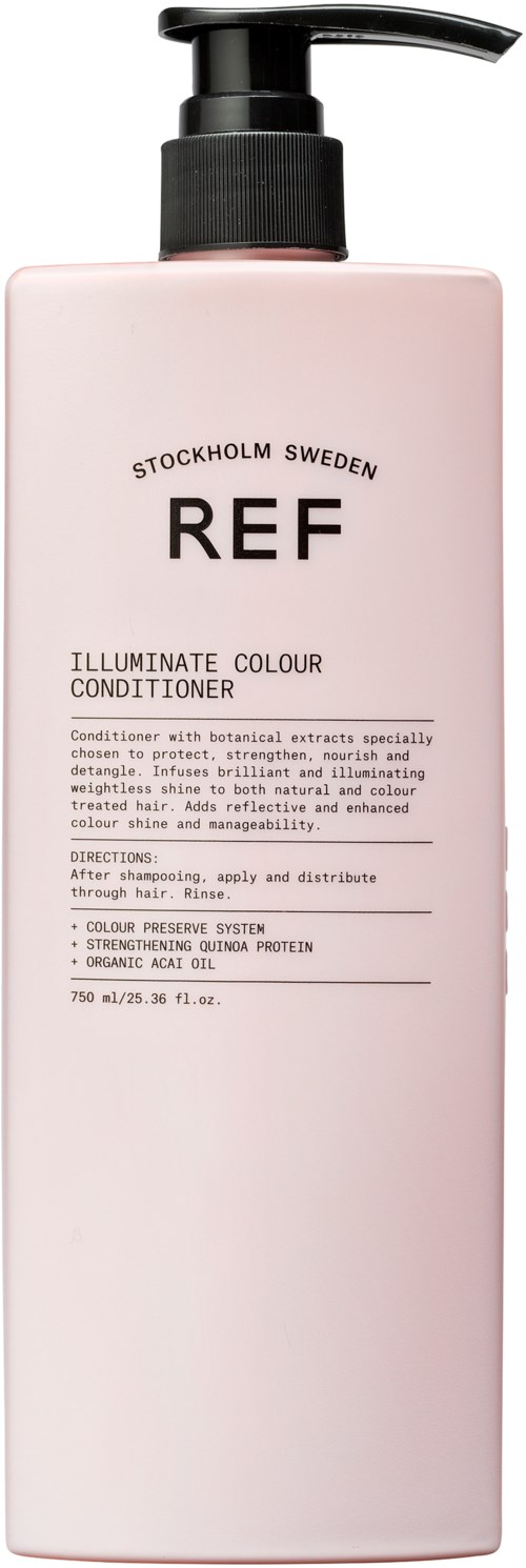 A tall, light pink bottle with a black pump, labeled 'REF Stockholm Sweden' and 'Illuminate Colour Conditioner.'