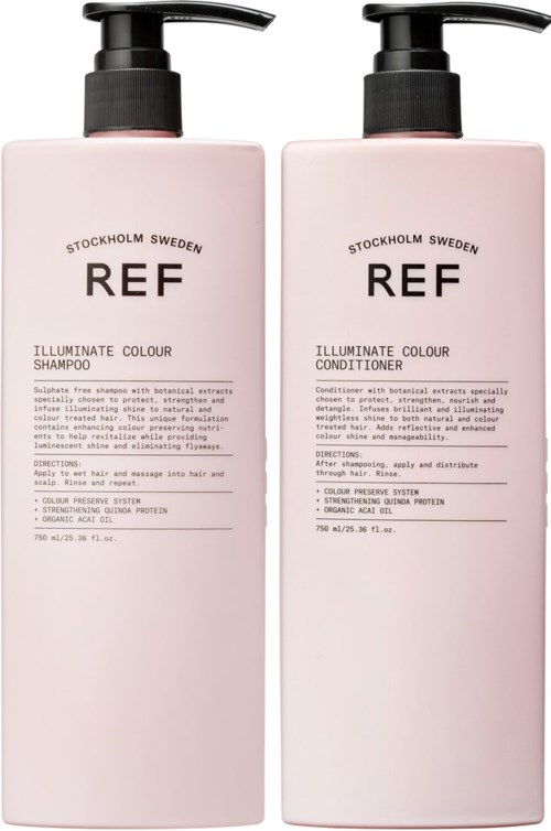 Två rosa flaskor med svarta pumpar, märkta som schampo och balsam, från Stockholm Sverige, för hårvård.