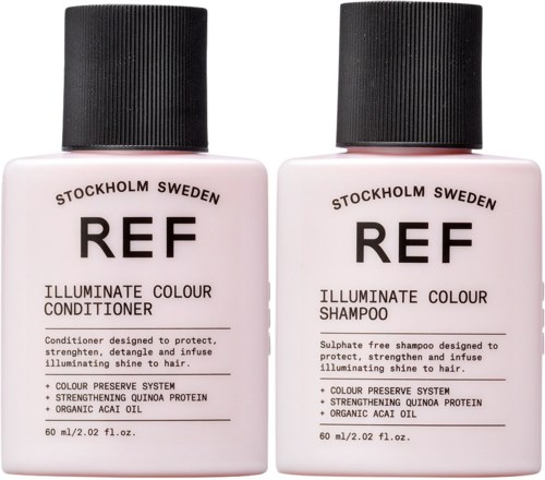Two pink bottles labeled 'SHAMPOO' and 'CONDITIONER' from Stockholm Sweden, with black caps, designed to protect and strengthen hair.