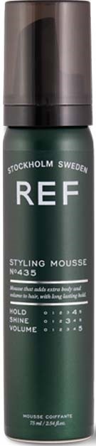 En grön flaska med stylingmousse med svart lock, märkt 'REF Stockholm Sweden, Styling Mousse No. 435'.