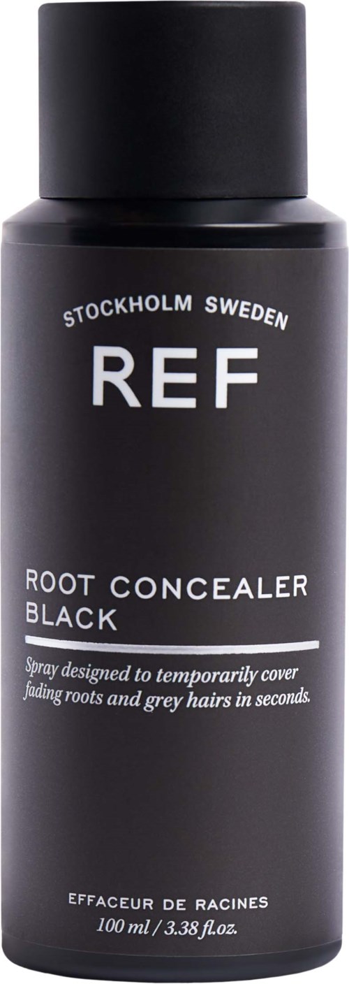 Svart sprayflaska märkt 'REF Root Concealer Black' från Stockholm, Sverige, för att täcka rötter och grått hår.
