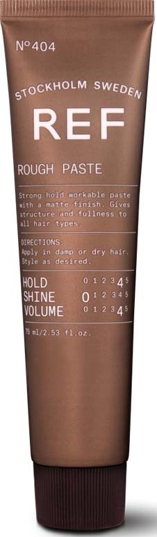 En brun tub märkta 'REF Rough Paste' från Stockholm Sverige, med instruktioner och volyminformation.