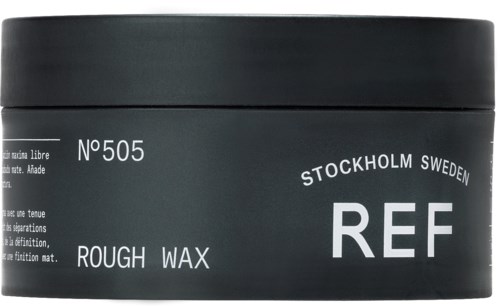 En svart behållare märkt 'REF', 'Rough Wax', med information om Stockholm, Sverige, och produktnummer 505.