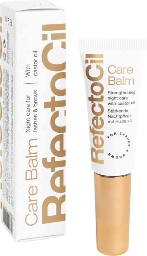 En tub med RefectoCil Care Balm bredvid dess förpackning, avsedd för nattvård av ögonfransar och ögonbryn, med ricinolja.