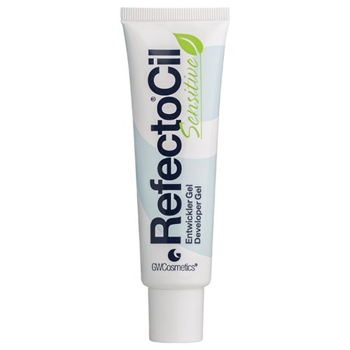 A tube of RefectoCil Sensitive developer gel, used for eyelash or eyebrow tinting. It is mostly white with blue and green label.