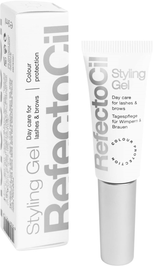 Valkoinen RefectoCil Styling Gel -putki ja sen pahvimaski, käytetään silmäripsien ja kulmien päivittäiseen hoitoon.