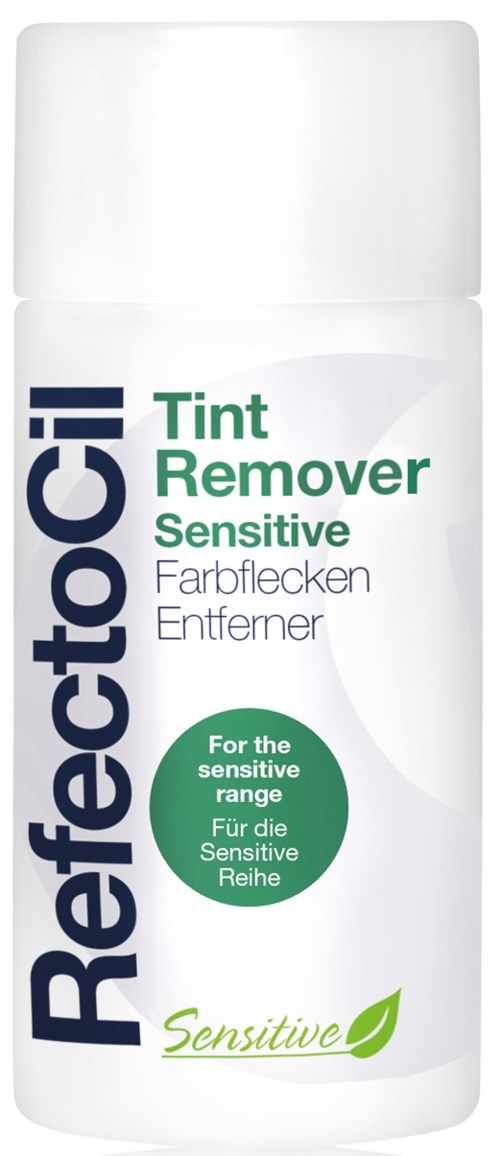 A white bottle labeled RefectoCil, Tint Remover Sensitive, for cleaning color stains on sensitive skin.