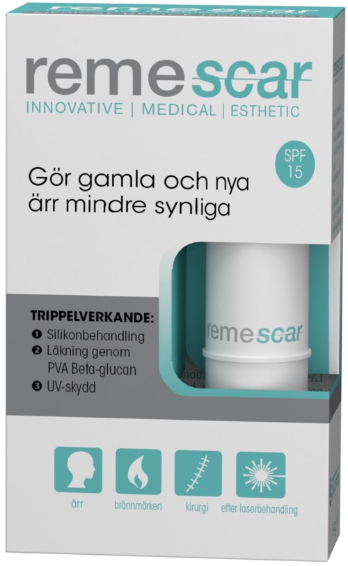 Remescar-produktlåda med text om hudbehandling för åldersfläckar, ärr, brännskador och efter laserbehandling.