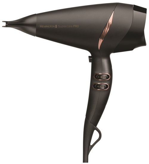 Ein schwarzer Haartrockner mit Kontrollknöpfen und Lockenfunktion, zum Stylen der Haare.